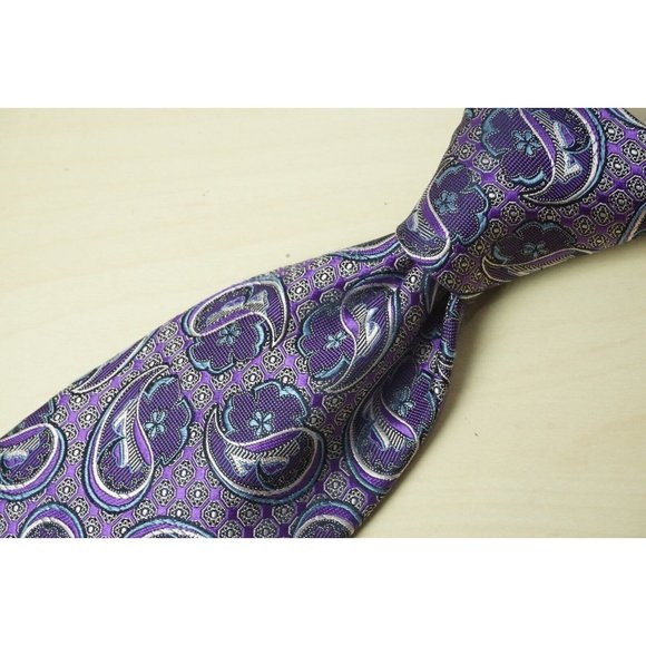 Ermenegildo Zegna CURRENT Violet Ivory Paisley Geometric Silk Embroidered Tie